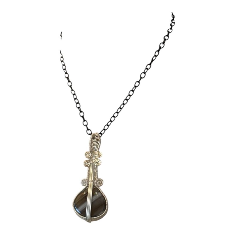 Silver and Rare Blue Opal Stone Wire Wrapped Guitar Pendant